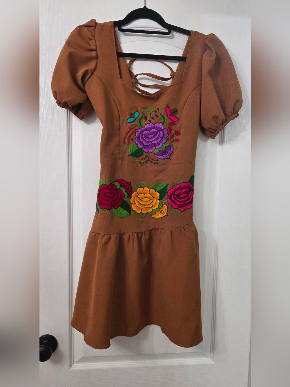 Brown Mexican Embroidered Floral Dress